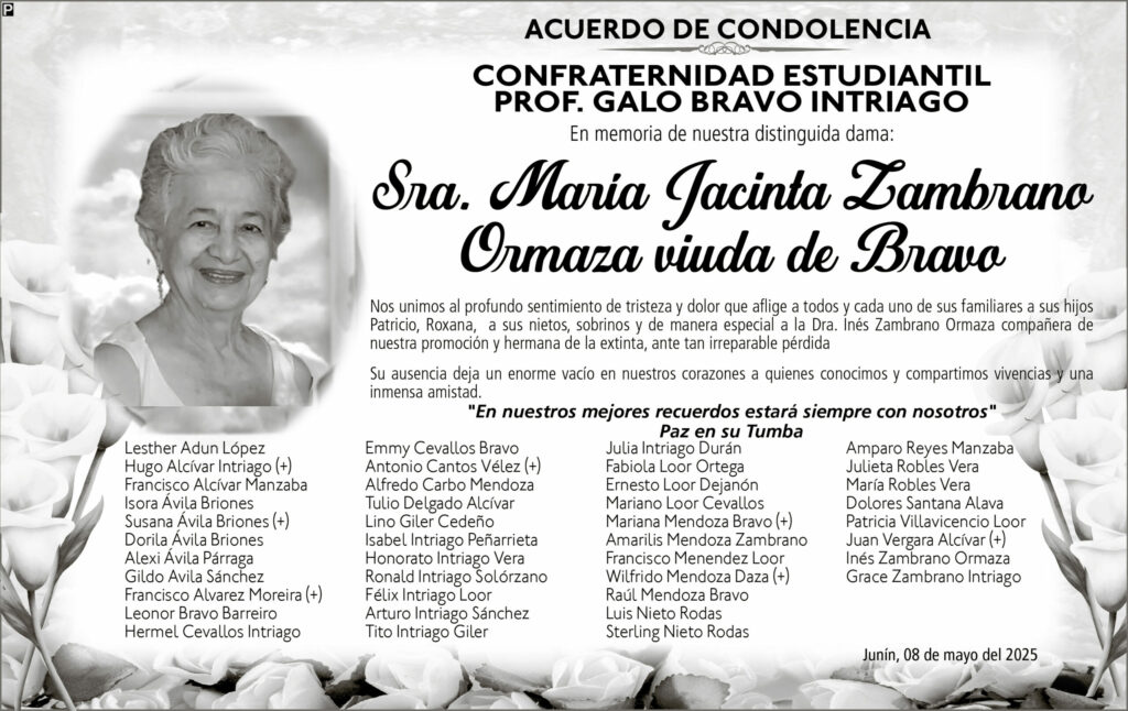 ACUERDO DE CONDOLENCIA: María Jacinta Zambrano Ormaza viuda de Bravo