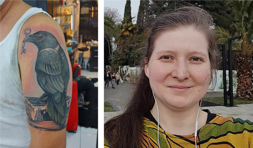 Una imagen del día en que Juan Pablo Trampuz se tatuó el cuervo en 2020, y de Alexandra Elbakyan, la fundadora de Sci-Hub.
