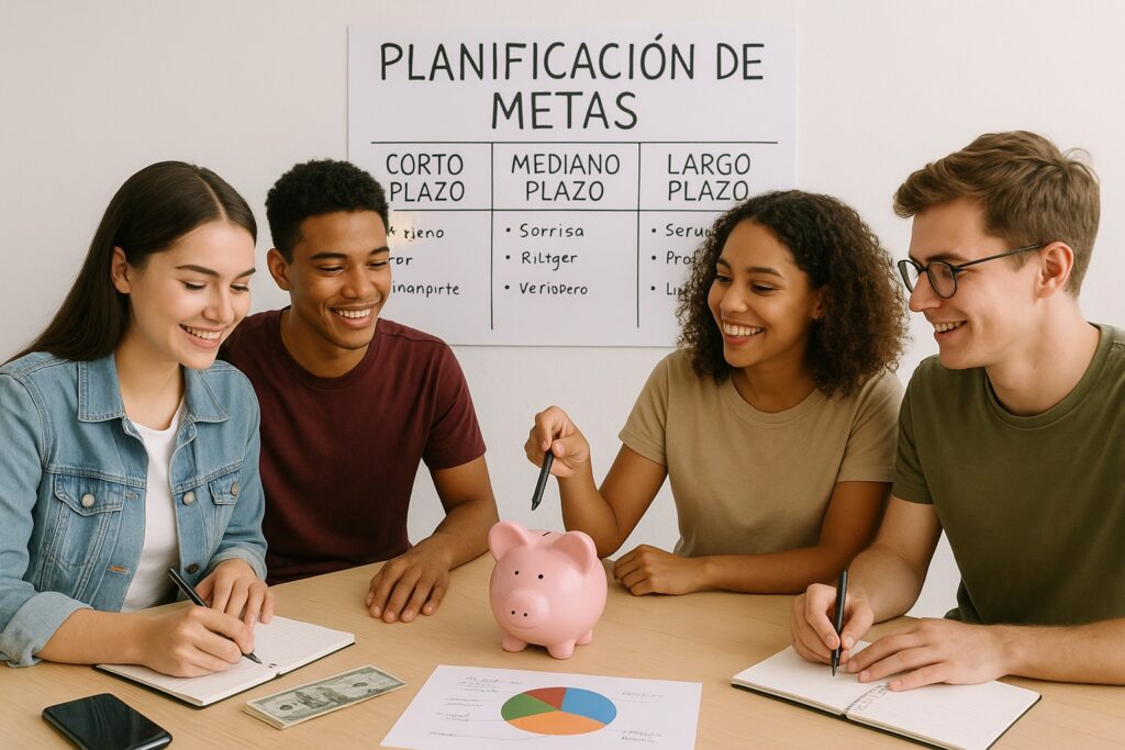 Jóvenes aprenden a planificar metas financieras para asegurar su futuro. FOTO: Inteligencia Artificial (ChatGPT).
