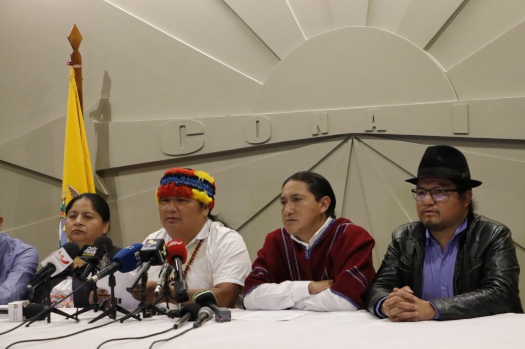 Marlon Vargas, presidente de la Conaie, en una rueda de prensa que dieron ayer en la sede de la Confederación. FOTO: @CONAIE_Ecuador.