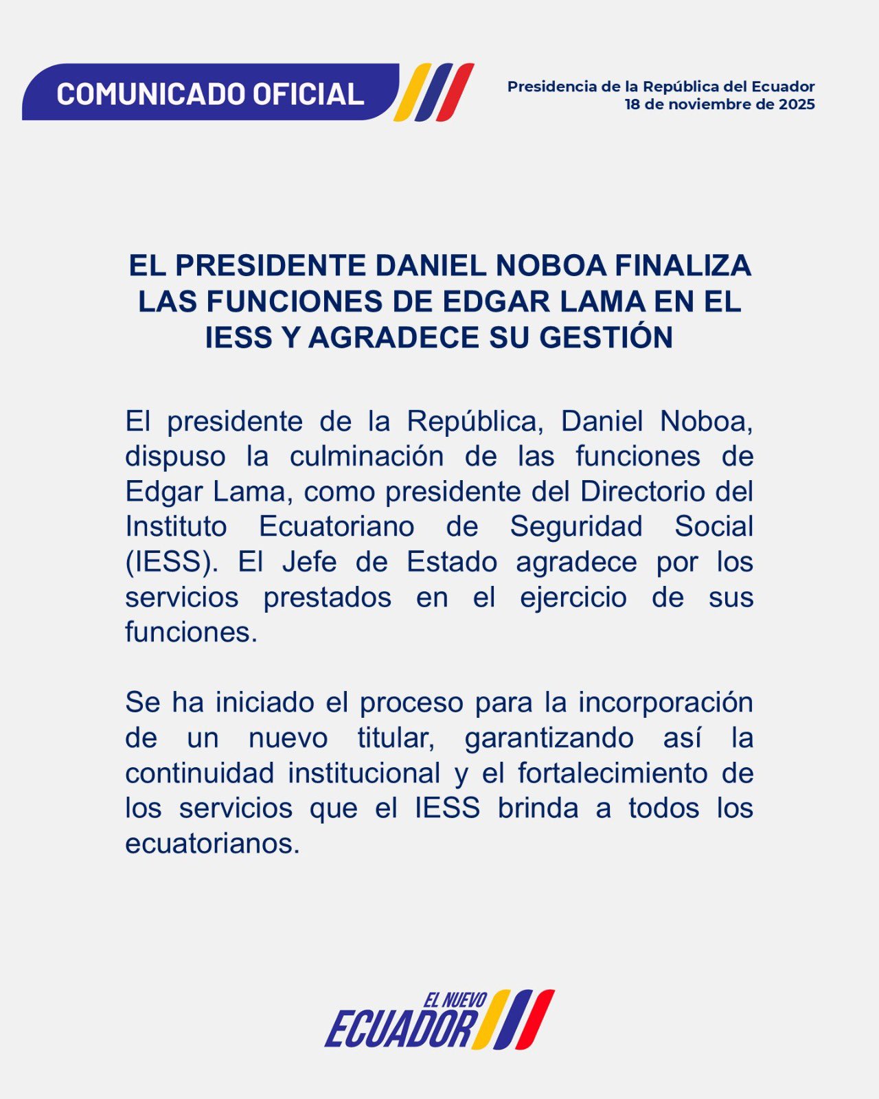 El comunicado que emitió la presidencia en su cuenta de X. FOTO: @Presidencia_Ec.