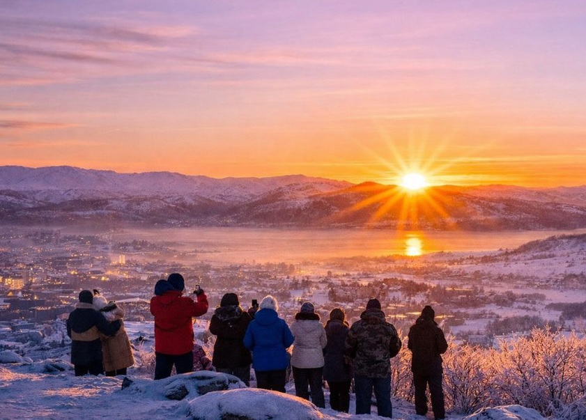 Cientos de habitantes de Múrmansk, la mayor ciudad del mundo ubicada por encima del Círculo Polar Ártico, se congregaron este domingo en la colina Sólnechnaya Gorka.