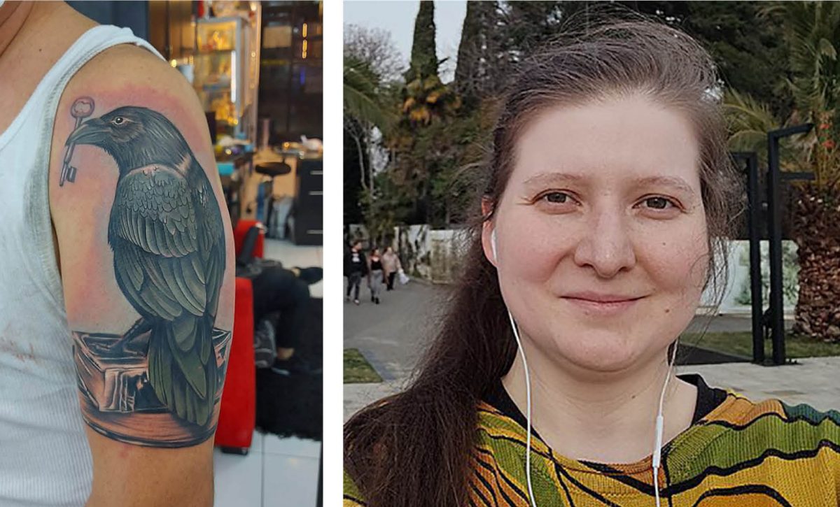 Una imagen del día en que Juan Pablo Trampuz se tatuó el cuervo en 2020, y de Alexandra Elbakyan, la fundadora de Sci-Hub.