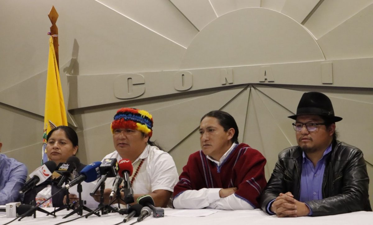 Marlon Vargas, presidente de la Conaie, en una rueda de prensa que dieron ayer en la sede de la Confederación. FOTO: @CONAIE_Ecuador.