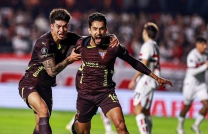 Jeison Medina celebra el gol del triunfo de Liga de Quito ante Sao Paulo.