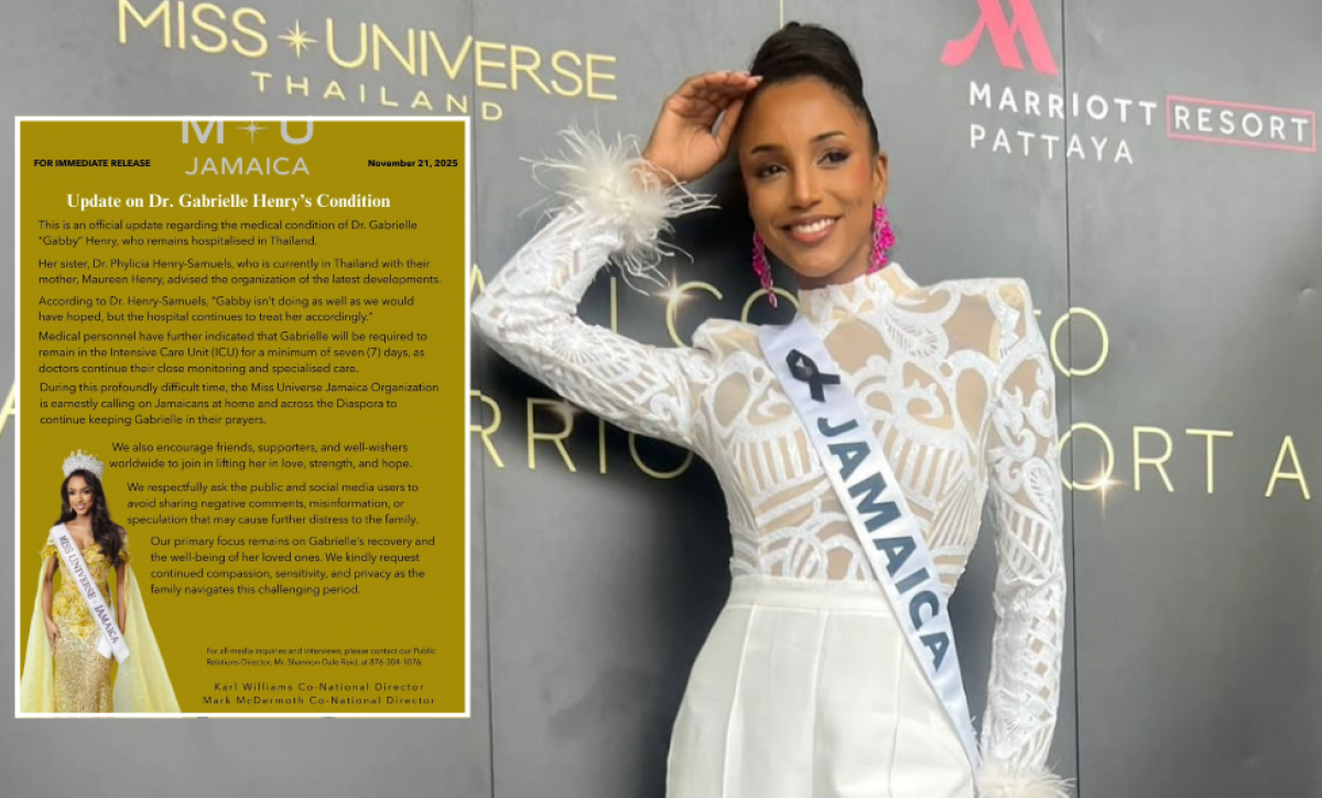 Miss Jamaica tuvo que abandonar el certamen de belleza tras su caída.