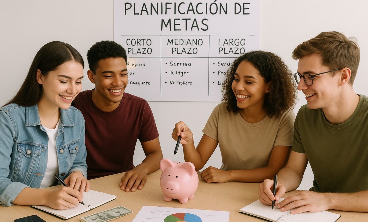 Jóvenes aprenden a planificar metas financieras para asegurar su futuro. FOTO: Inteligencia Artificial (ChatGPT).