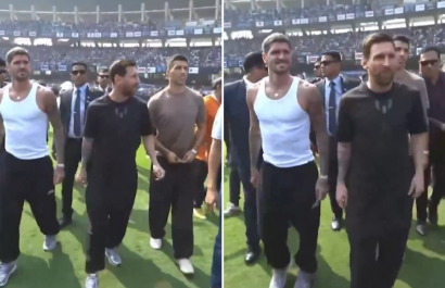 Leo Messi, Rodrigo de Paul y Luis Suárez durante su recorrido en el estadio.