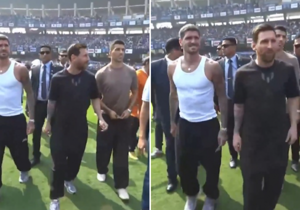 Leo Messi, Rodrigo de Paul y Luis Suárez durante su recorrido en el estadio.