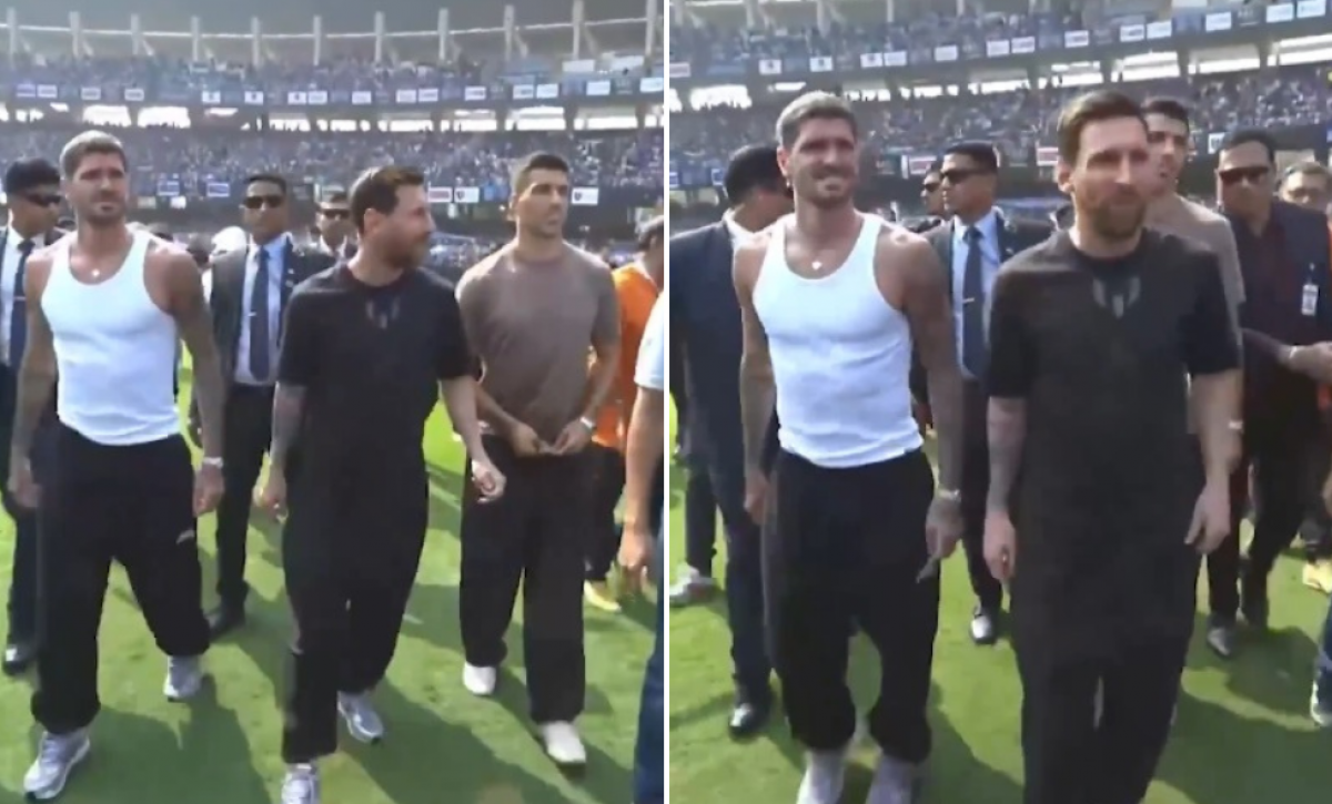 Leo Messi, Rodrigo de Paul y Luis Suárez durante su recorrido en el estadio.